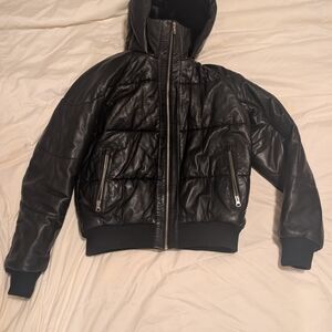 Quince Black Leather Hooded Puffer Jacket